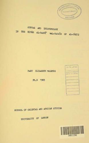  Syntax and epistemology in the \Kitāb at-Tarbī 'wa-t- tadwīr\ of Al-Jahiz