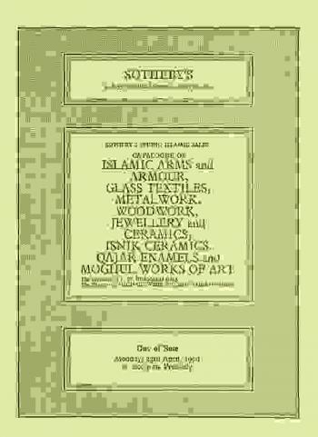  Islamic arms and armour, glass, textiles, woodwork, metalwork, jewellery and ceramics, isnik ceramics, Qajar enamels and Moghul works of art : including an isnik pottery dish, 16th century ... and a Moghul\jade' bowl inscribed with the name of the owner King Jahangir, 17th century which will be sold by auction by Sotheby Parke Bernet & Co.: day of sale Monday 23rd April 1979