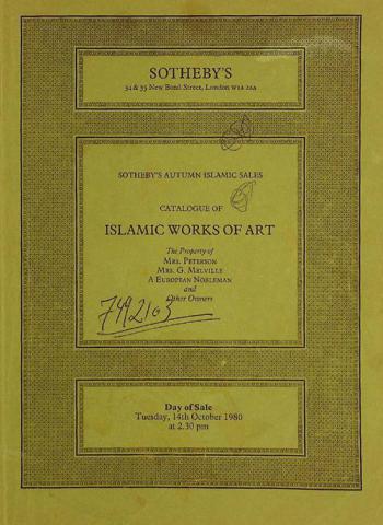 Islamic works of art : including wheel and facet-cut glass vessels, 10th-12th century, a Qajar gold Kalian cup, mid 19th century, an Iranian gold filigree pendant, 12th century, a Mesopotamian lustre pottery bowl, 10th century, two Mesopotamian blue and white tin-glazed pottery bowls, 9th century, and an Iranian silver and copper inlaid brass ewer, Khurasan, circa 1200, which will be sold by Sotheby Parke Bernet : day of sale : Tuesday 14th october 1980